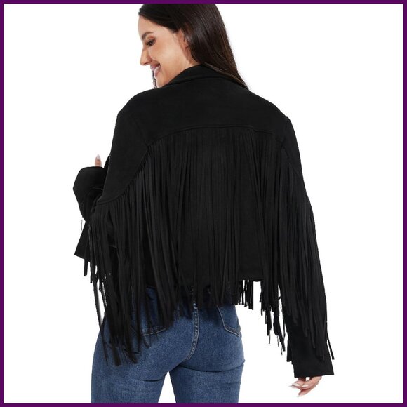 Fringe Vegan Leather Cropped Biker Jacket S-XXL Bohemian Style